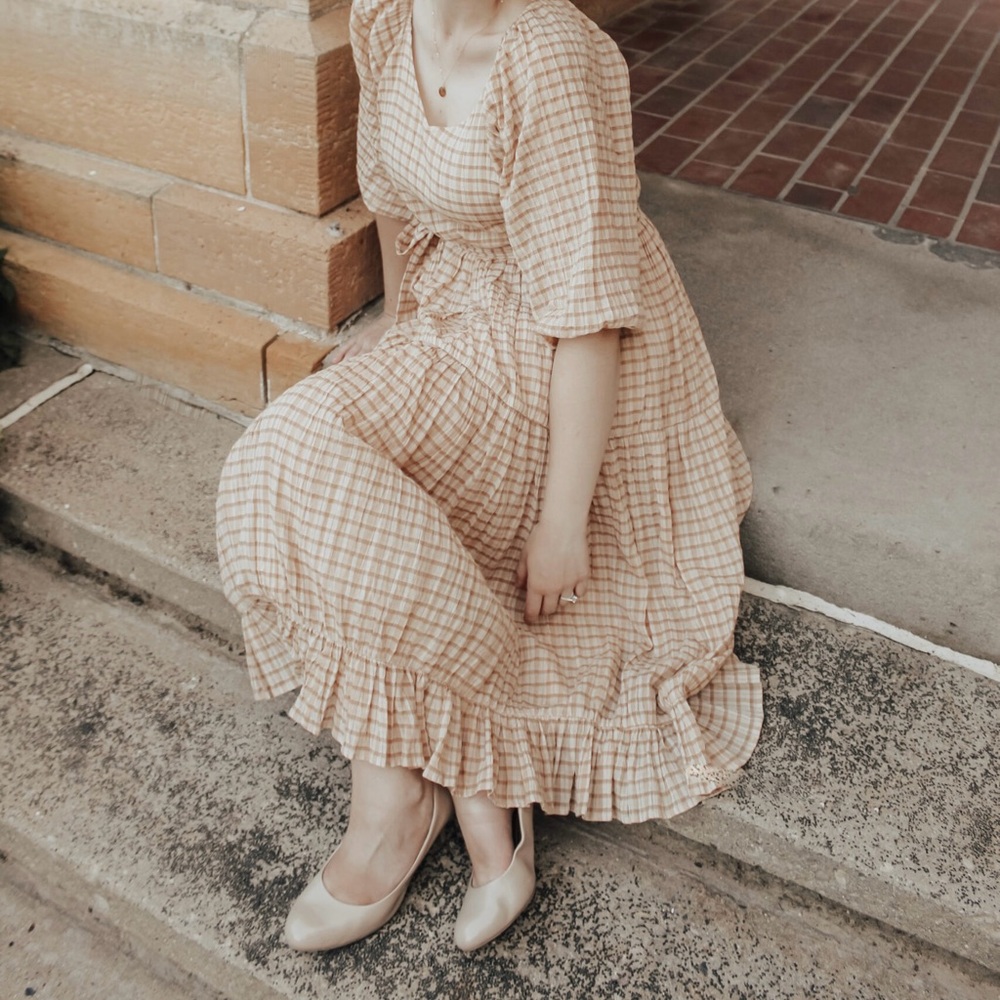 Clad and Cloth Gingham Tan Midi Dress